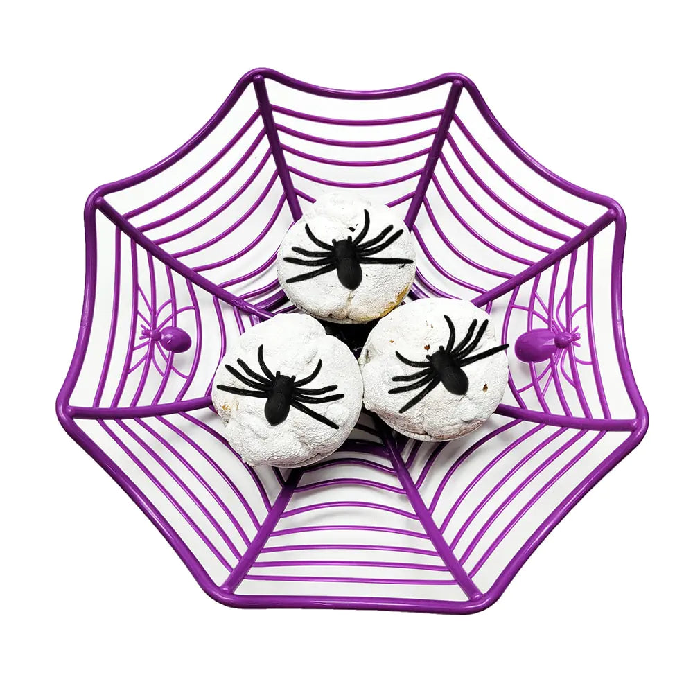 A stylish black and orange spider web candy basket, perfect for Halloween trick-or-treating, featuring a durable design and festive colors.