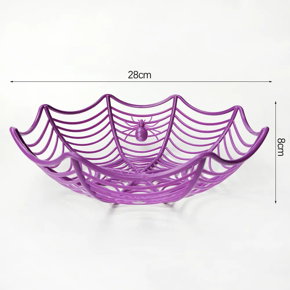 A stylish black and orange spider web candy basket, perfect for Halloween trick-or-treating, featuring a durable design and festive colors.