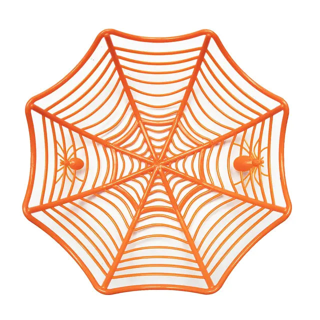 A stylish black and orange spider web candy basket, perfect for Halloween trick-or-treating, featuring a durable design and festive colors.