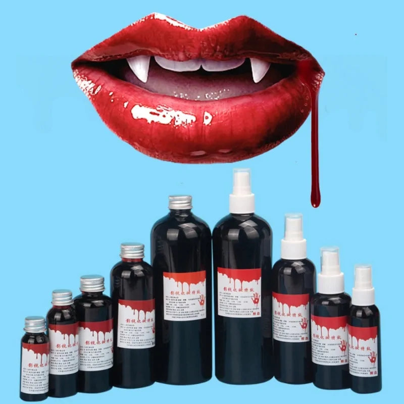 A bottle of ultra-realistic fake blood with a rich red color, perfect for Halloween costumes and special effects makeup.