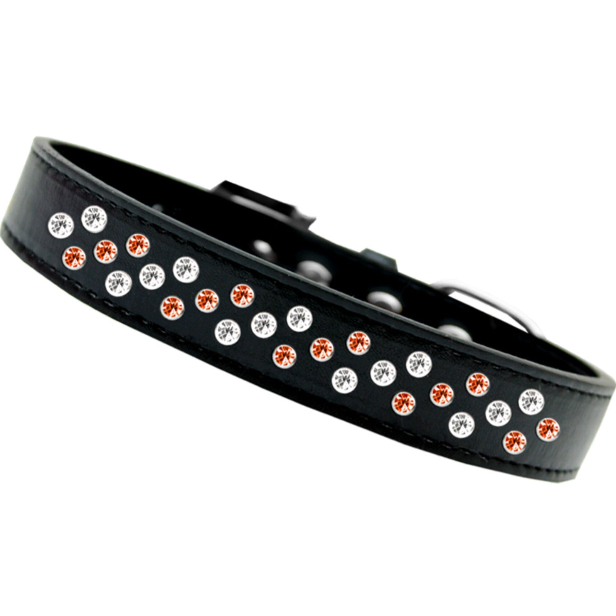 A stylish Halloween-themed dog collar featuring three rows of sparkling crystals on a faux leather base, perfect for festive occasions.