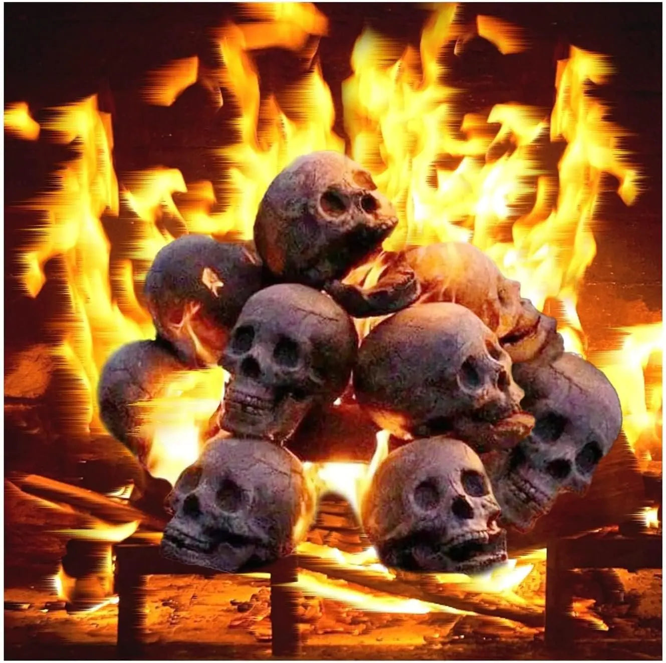 Ceramic Halloween fire pit skull with hollow eye sockets, flames dancing through its eyes, creating a spooky atmosphere.