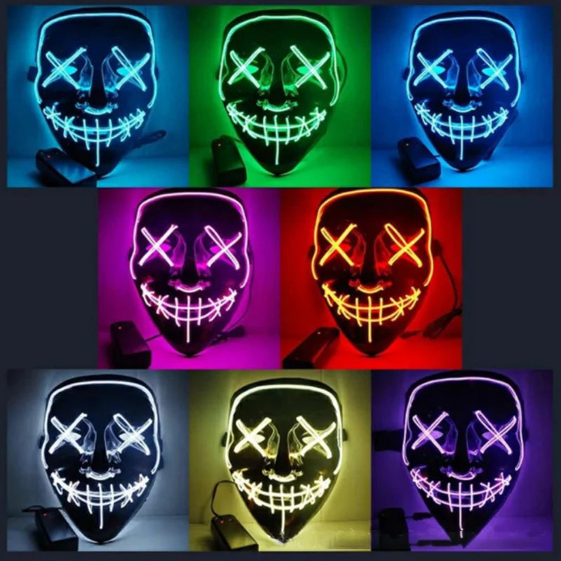 A vibrant Halloween LED Mask glowing in various light modes, showcasing its unique design and high-quality materials.