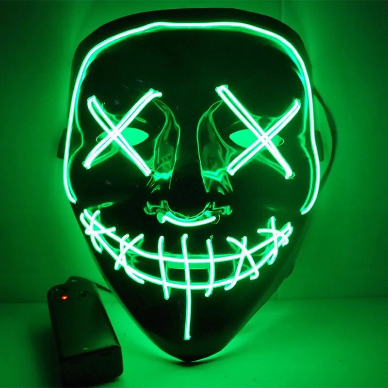 A vibrant Halloween LED Mask glowing in various light modes, showcasing its unique design and high-quality materials.