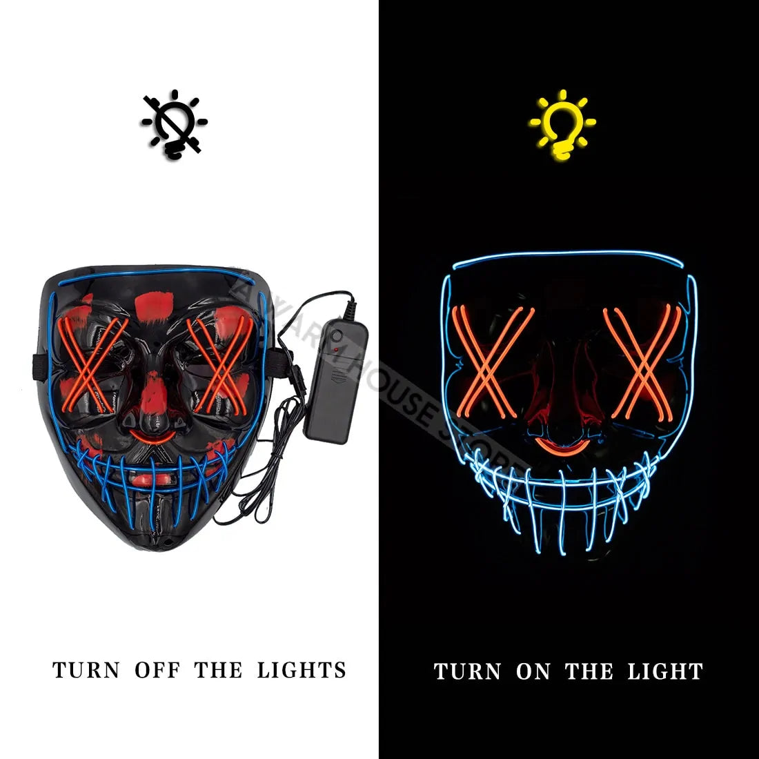 A vibrant Halloween LED Mask glowing in various light modes, showcasing its unique design and high-quality materials.