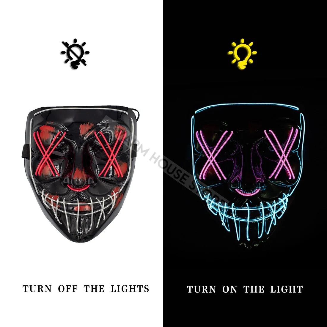 A vibrant Halloween LED Mask glowing in various light modes, showcasing its unique design and high-quality materials.