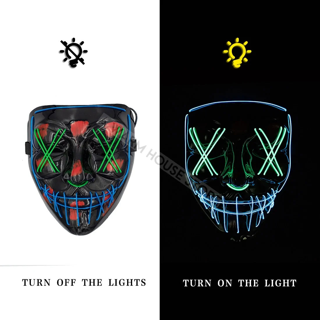 A vibrant Halloween LED Mask glowing in various light modes, showcasing its unique design and high-quality materials.