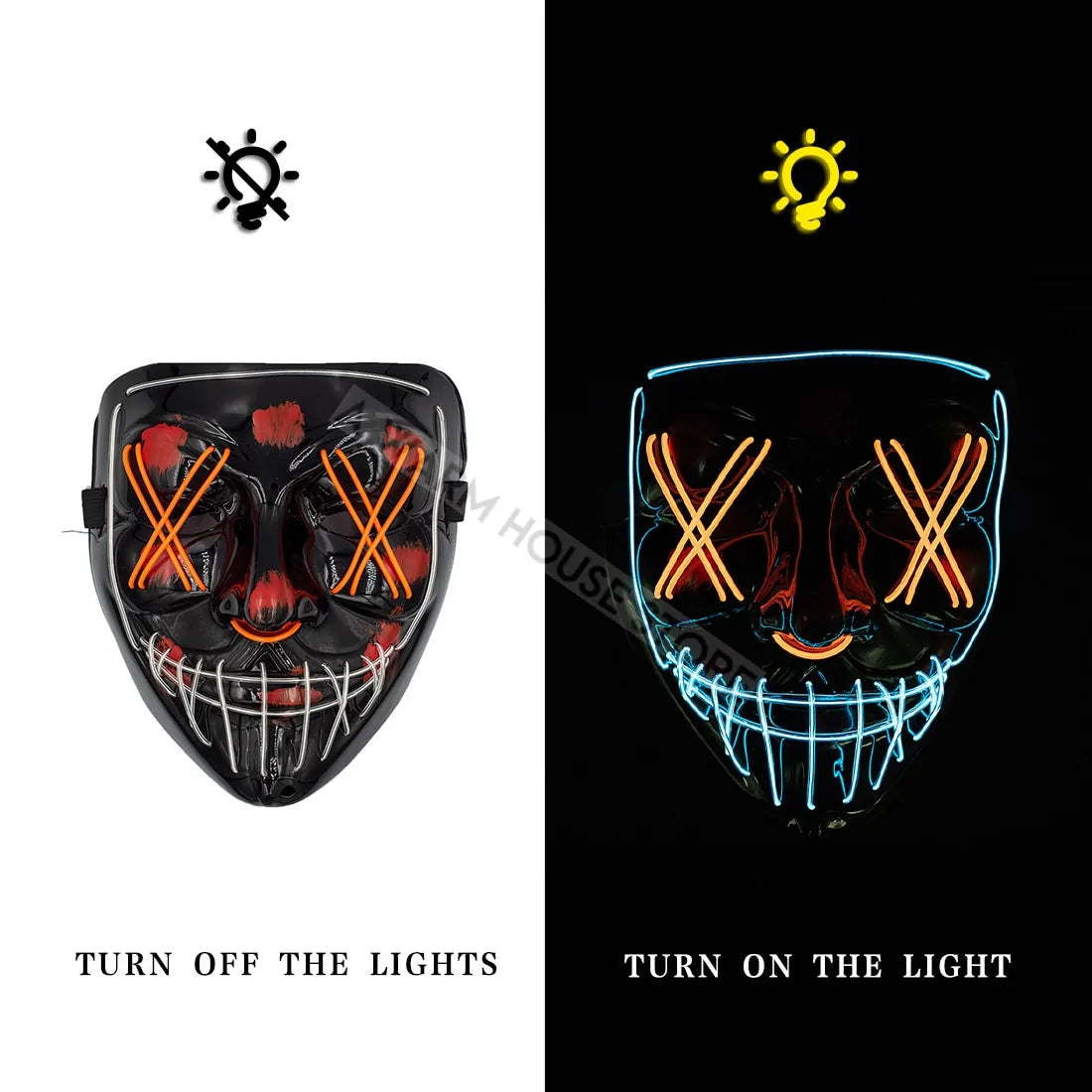A vibrant Halloween LED Mask glowing in various light modes, showcasing its unique design and high-quality materials.