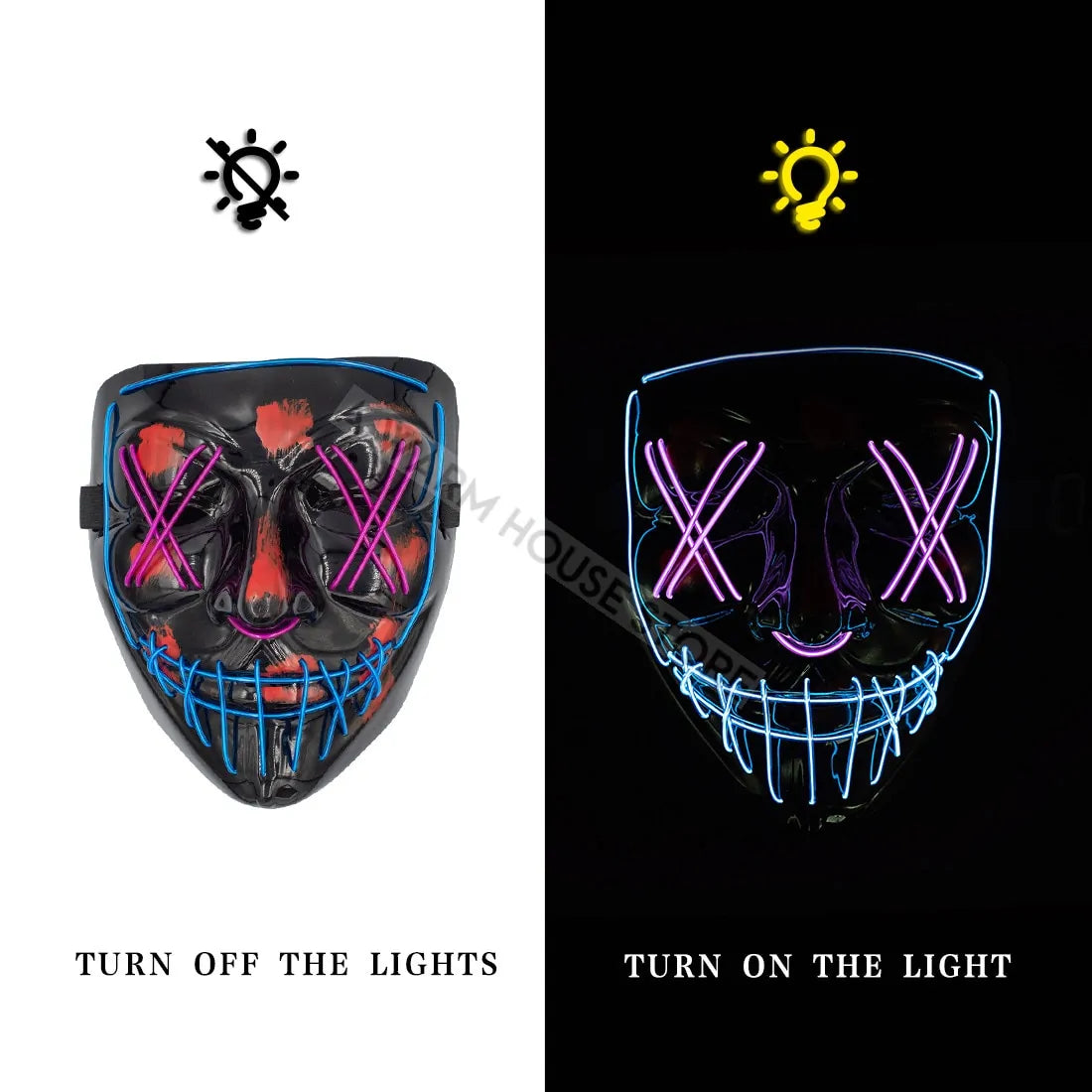 A vibrant Halloween LED Mask glowing in various light modes, showcasing its unique design and high-quality materials.