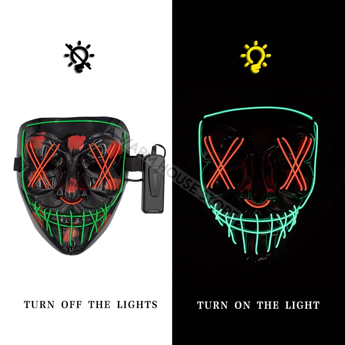 A vibrant Halloween LED Mask glowing in various light modes, showcasing its unique design and high-quality materials.