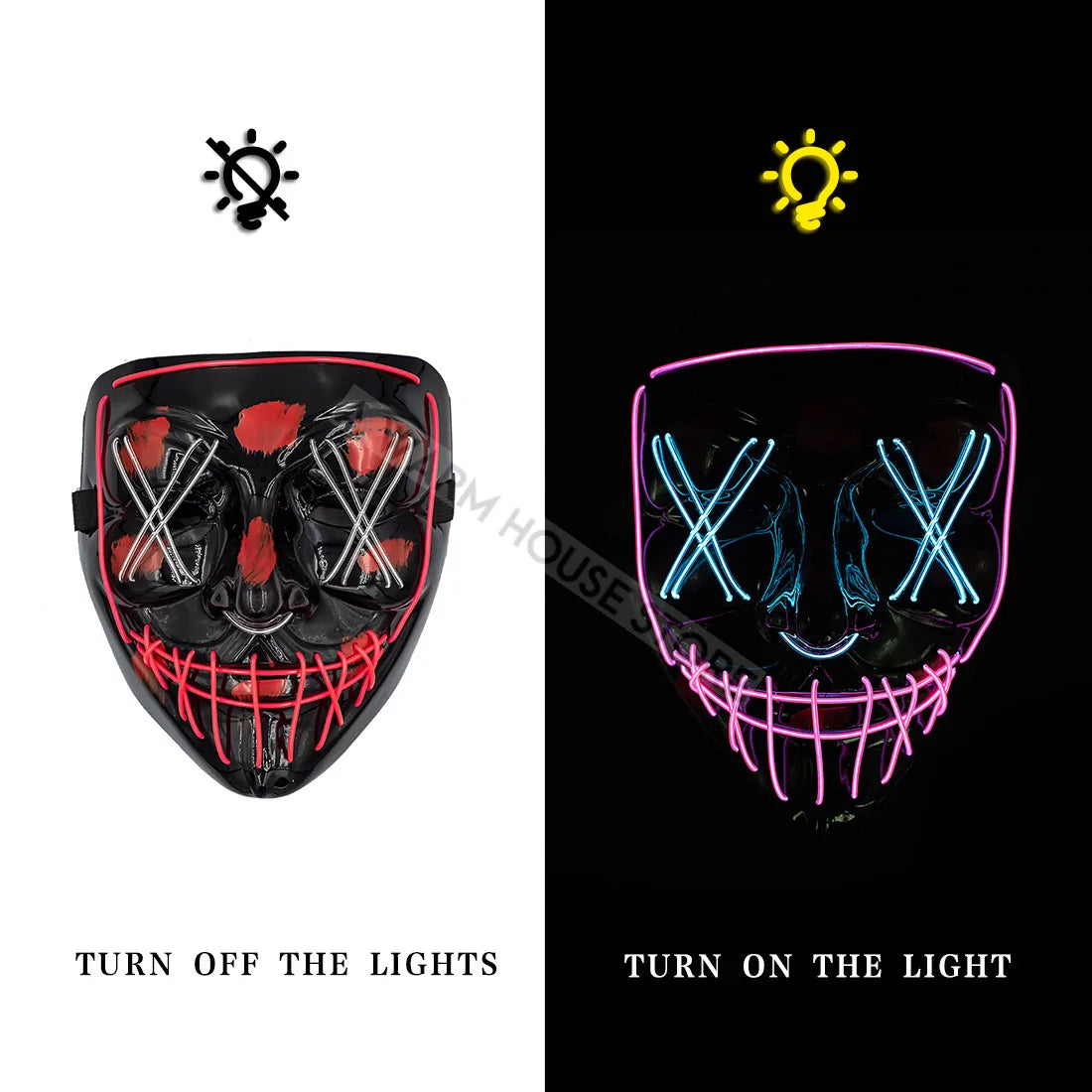 A vibrant Halloween LED Mask glowing in various light modes, showcasing its unique design and high-quality materials.
