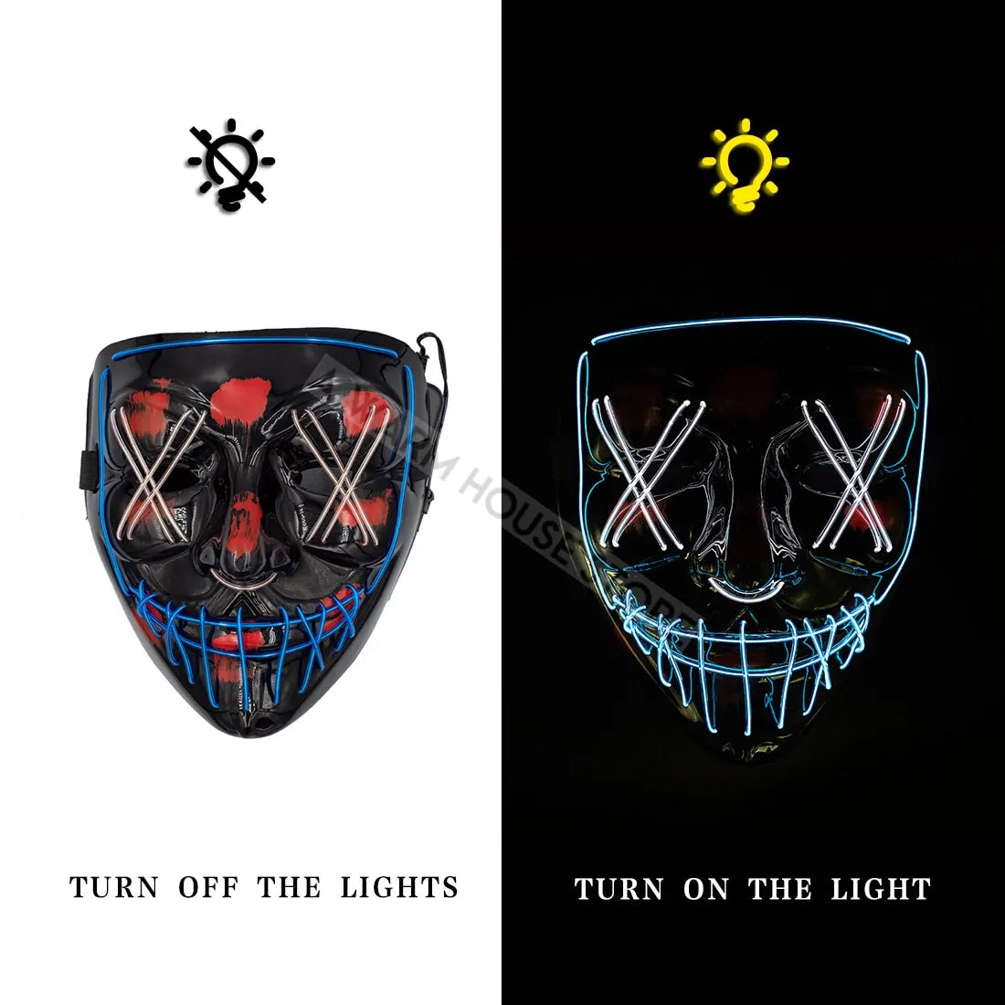 A vibrant Halloween LED Mask glowing in various light modes, showcasing its unique design and high-quality materials.