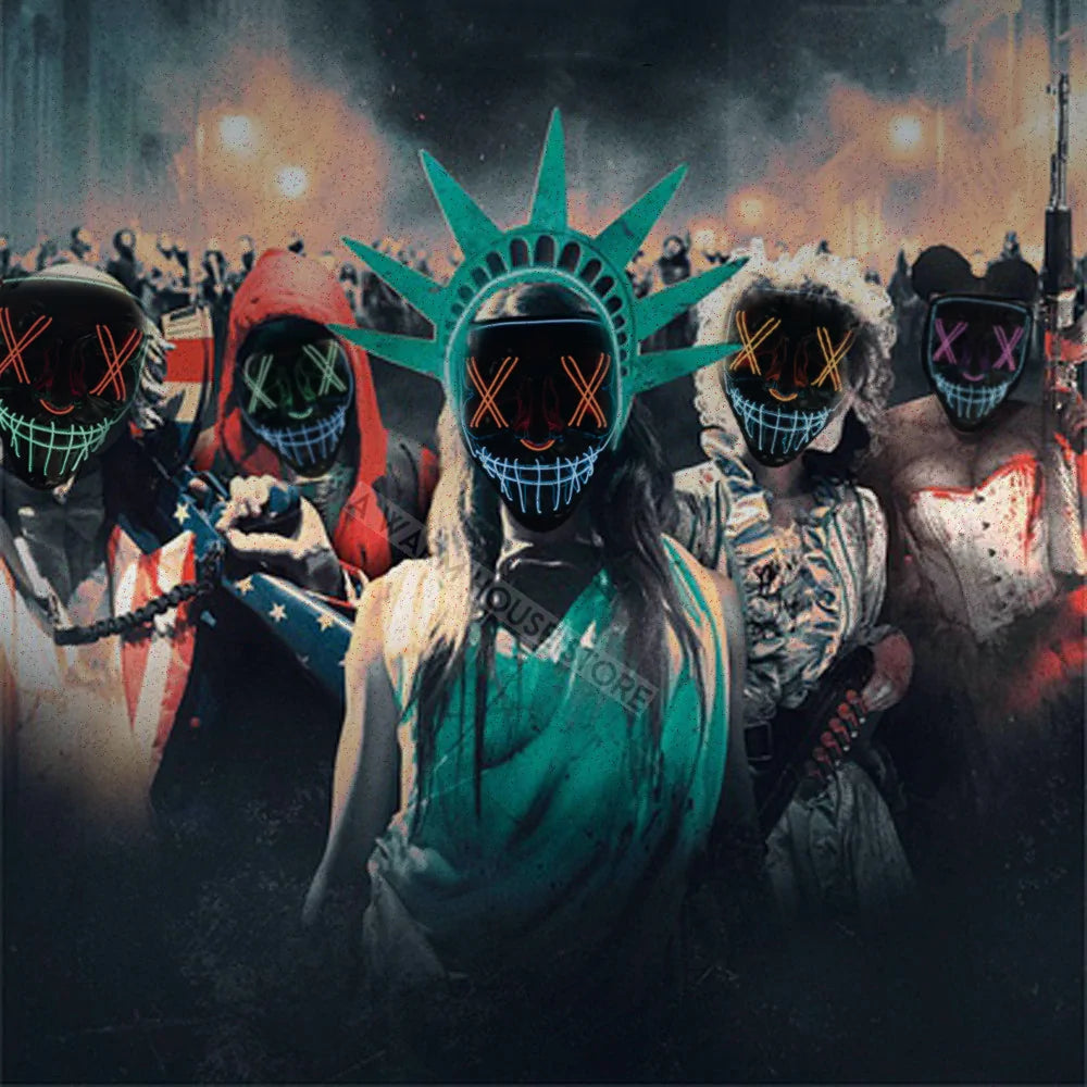 A vibrant Halloween LED Mask glowing in various light modes, showcasing its unique design and high-quality materials.