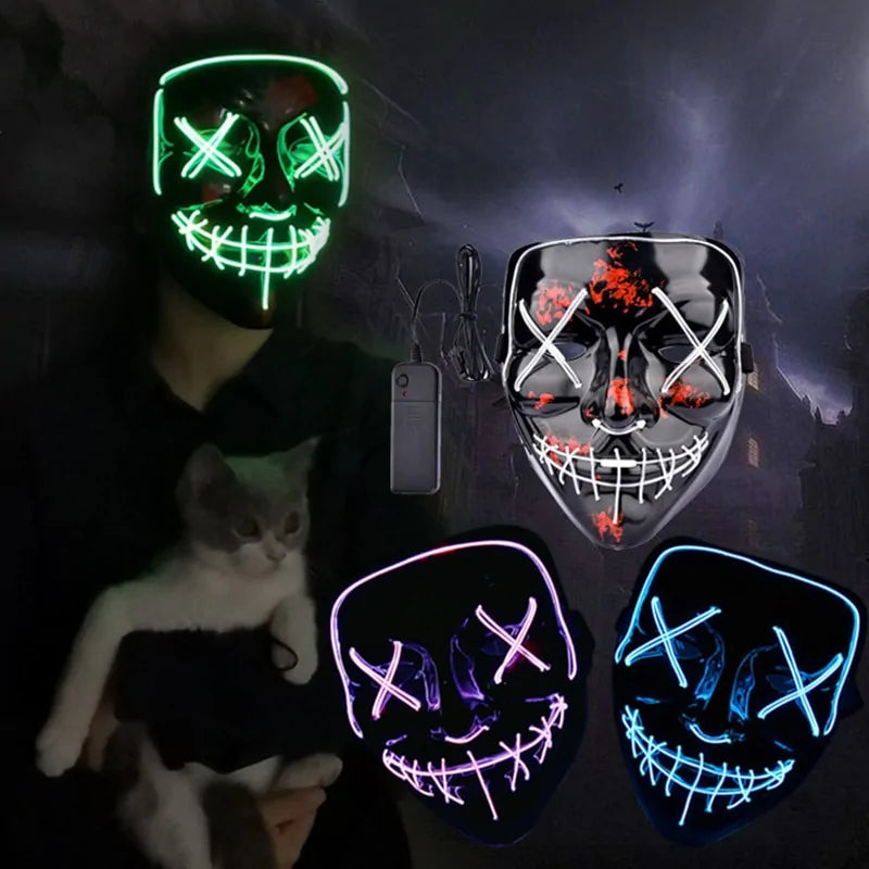 A vibrant Halloween LED Mask glowing in various light modes, showcasing its unique design and high-quality materials.