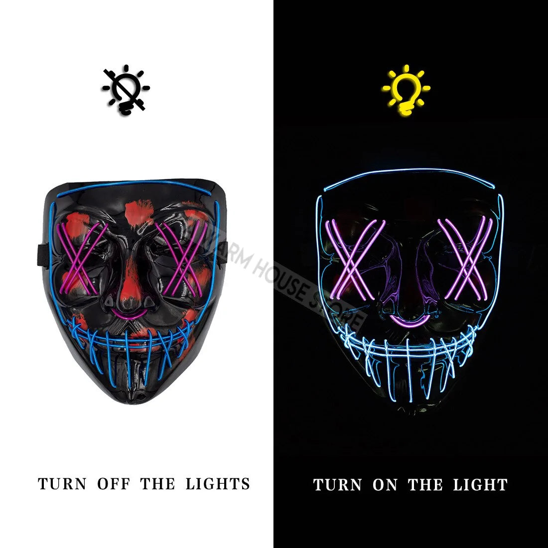 A glowing LED Halloween mask with vibrant lights, perfect for spooky costumes and Halloween parties.