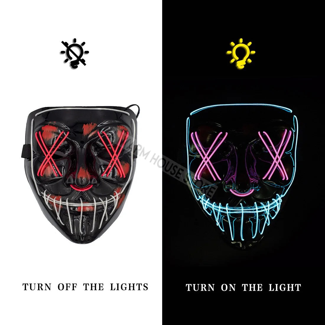 A glowing LED Halloween mask with vibrant lights, perfect for spooky costumes and Halloween parties.