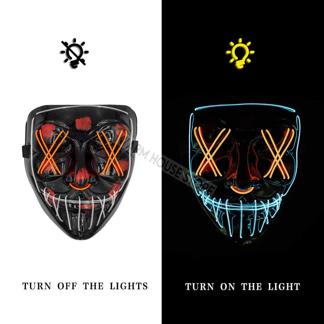 A glowing LED Halloween mask with vibrant lights, perfect for spooky costumes and Halloween parties.