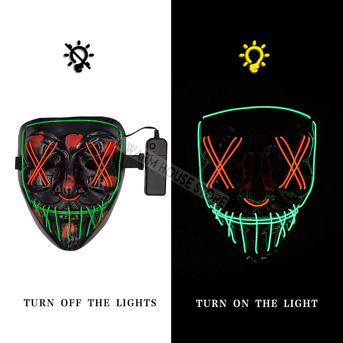 A glowing LED Halloween mask with vibrant lights, perfect for spooky costumes and Halloween parties.