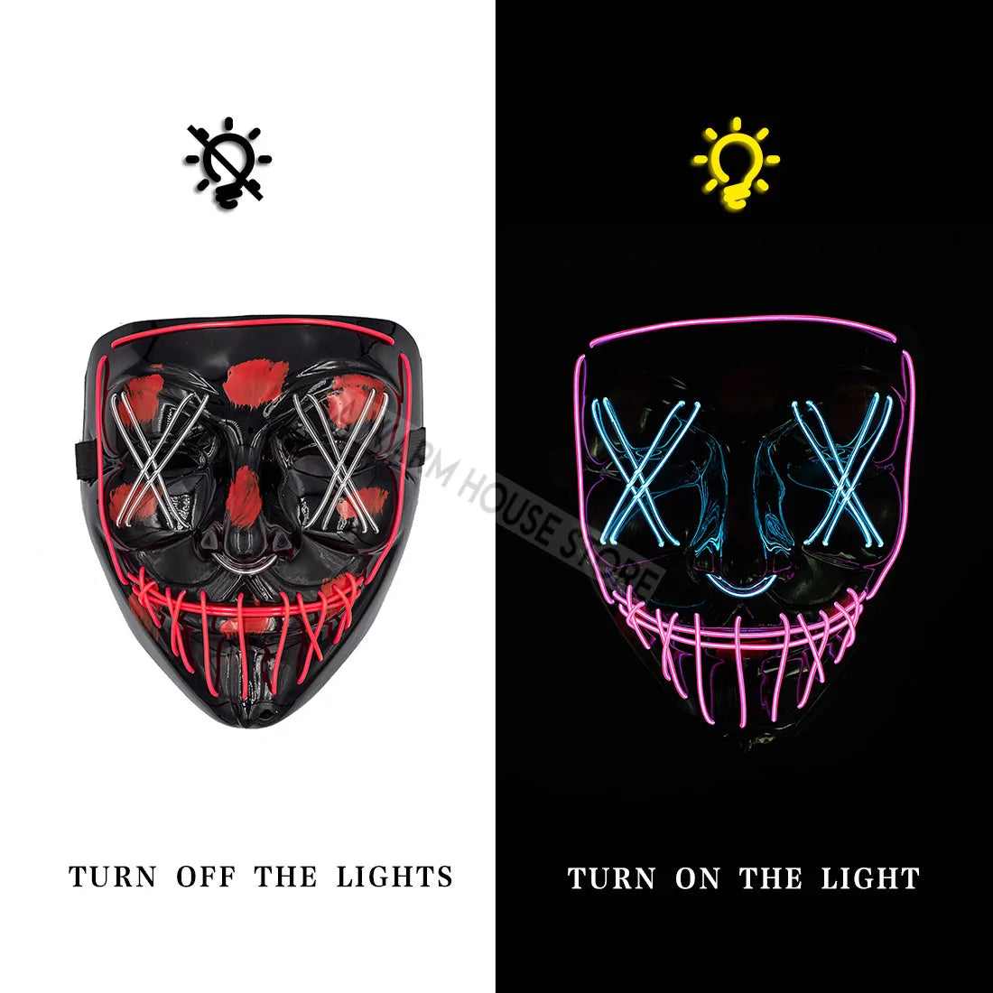 A glowing LED Halloween mask with vibrant lights, perfect for spooky costumes and Halloween parties.
