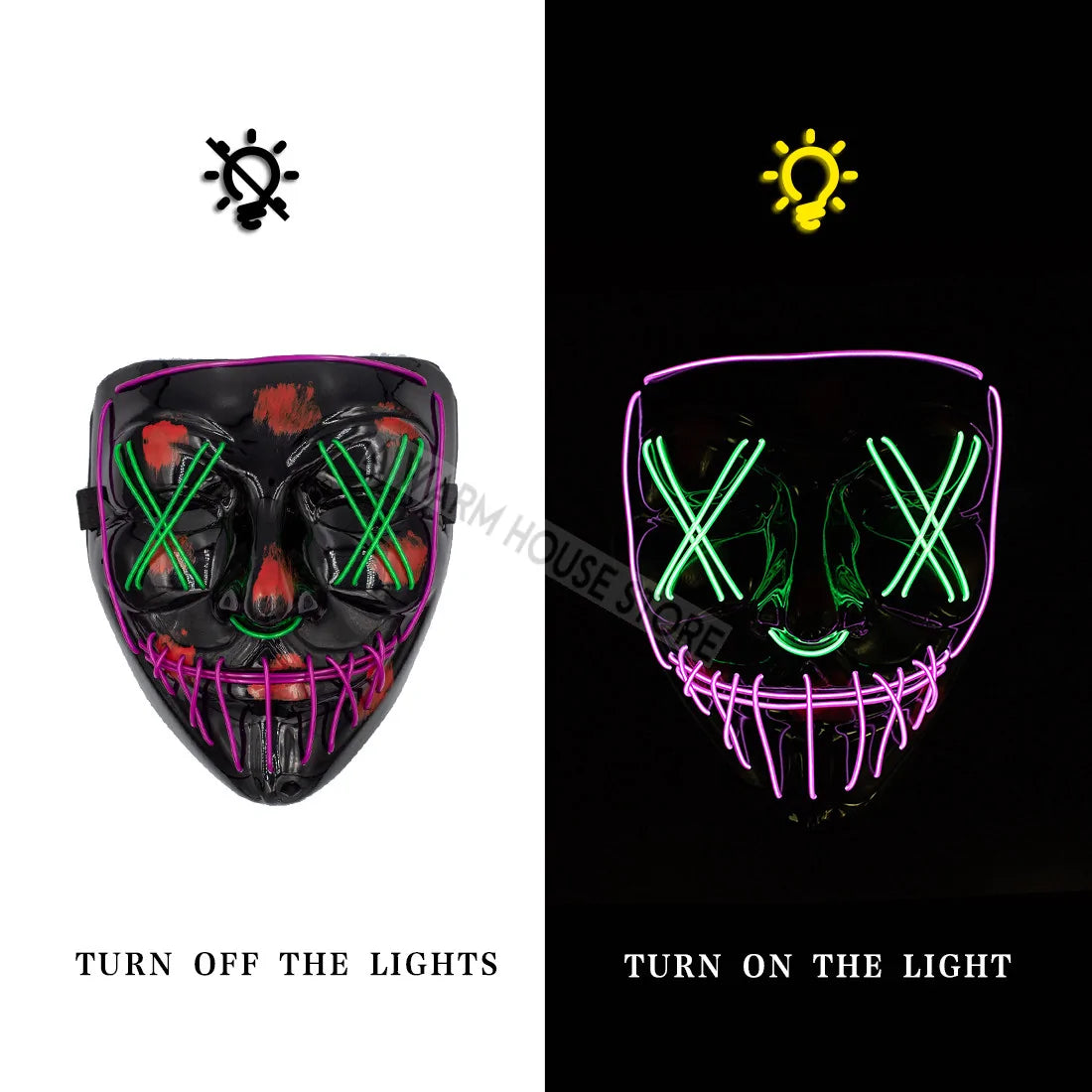 A glowing LED Halloween mask with vibrant lights, perfect for spooky costumes and Halloween parties.