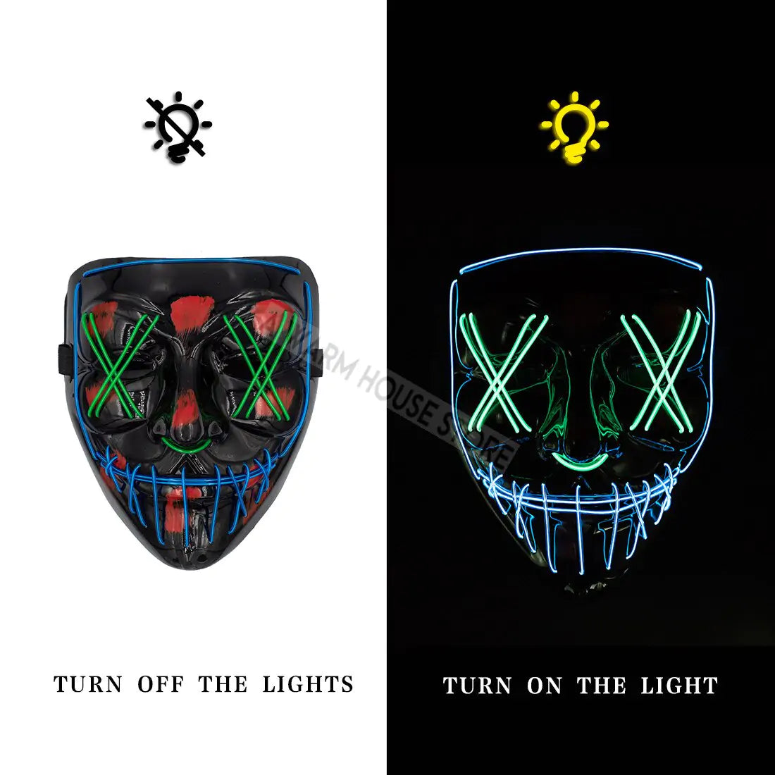 A glowing LED Halloween mask with vibrant lights, perfect for spooky costumes and Halloween parties.