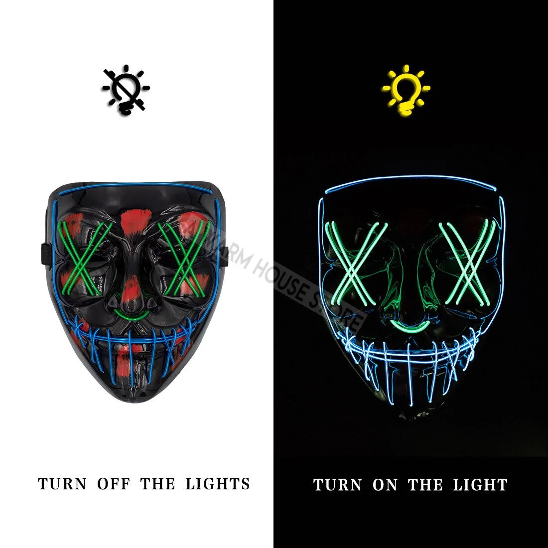 A glowing LED Halloween mask with vibrant lights, perfect for spooky costumes and Halloween parties.