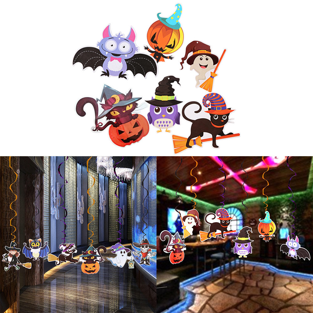 Colorful Halloween hanging swirl decorations featuring bat, ghost, black cat, pumpkin, owl, and pumpkin cat designs.