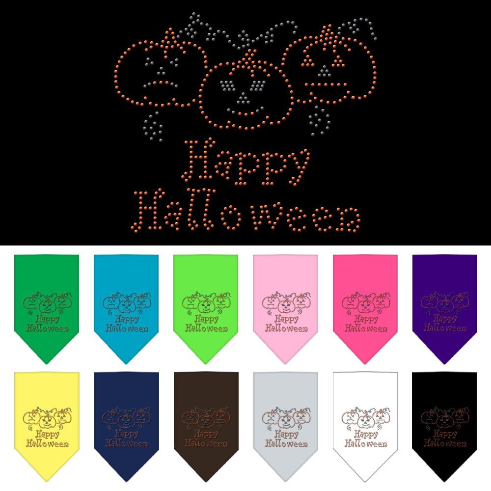 A stylish Halloween pet bandana featuring rhinestones and the text 'Happy Halloween', designed for dogs of all sizes.