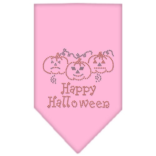 A stylish Halloween pet bandana featuring rhinestones and the text 'Happy Halloween', designed for dogs of all sizes.