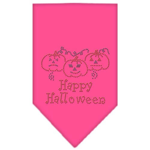 A stylish Halloween pet bandana featuring rhinestones and the text 'Happy Halloween', designed for dogs of all sizes.