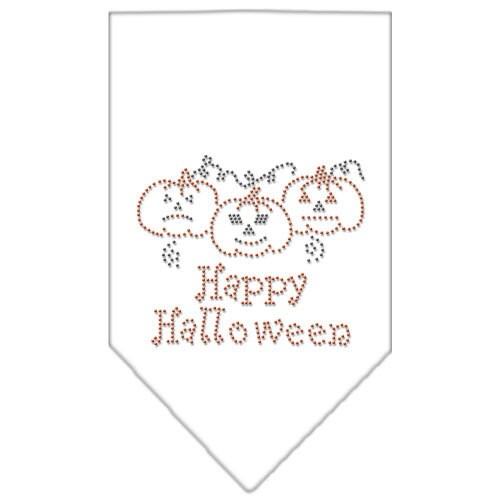 A stylish Halloween pet bandana featuring rhinestones and the text 'Happy Halloween', designed for dogs of all sizes.