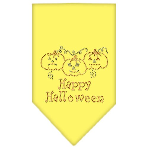 A stylish Halloween pet bandana featuring rhinestones and the text 'Happy Halloween', designed for dogs of all sizes.