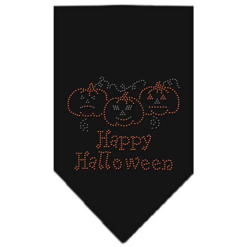 A stylish Halloween pet bandana featuring rhinestones and the text 'Happy Halloween', designed for dogs of all sizes.