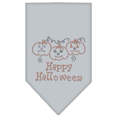 A stylish Halloween pet bandana featuring rhinestones and the text 'Happy Halloween', designed for dogs of all sizes.