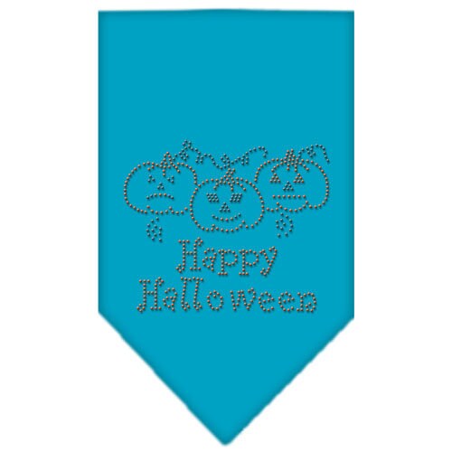 A stylish Halloween pet bandana featuring rhinestones and the text 'Happy Halloween', designed for dogs of all sizes.