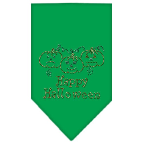 A stylish Halloween pet bandana featuring rhinestones and the text 'Happy Halloween', designed for dogs of all sizes.