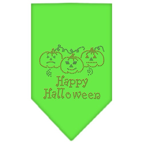 A stylish Halloween pet bandana featuring rhinestones and the text 'Happy Halloween', designed for dogs of all sizes.