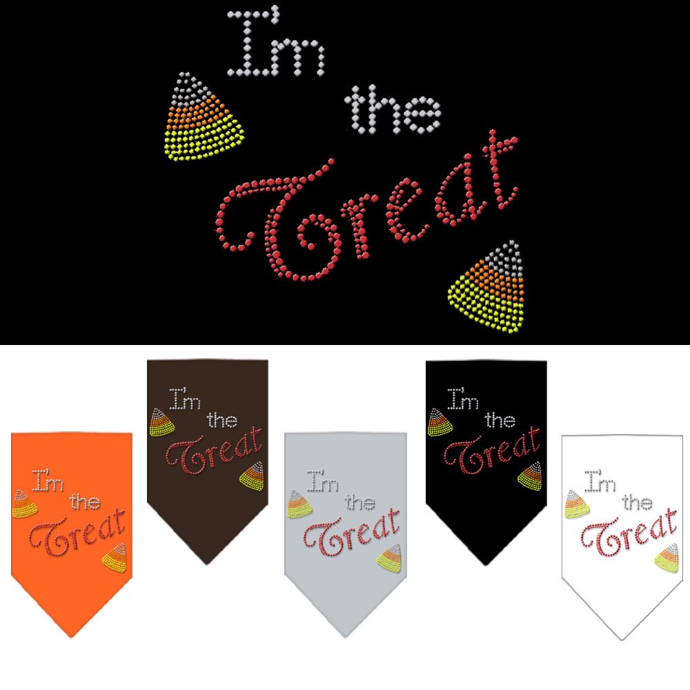 Halloween pet bandana with rhinestones saying 'I'm The Treat', designed for dogs, made of 100% cotton, available in small and large sizes.