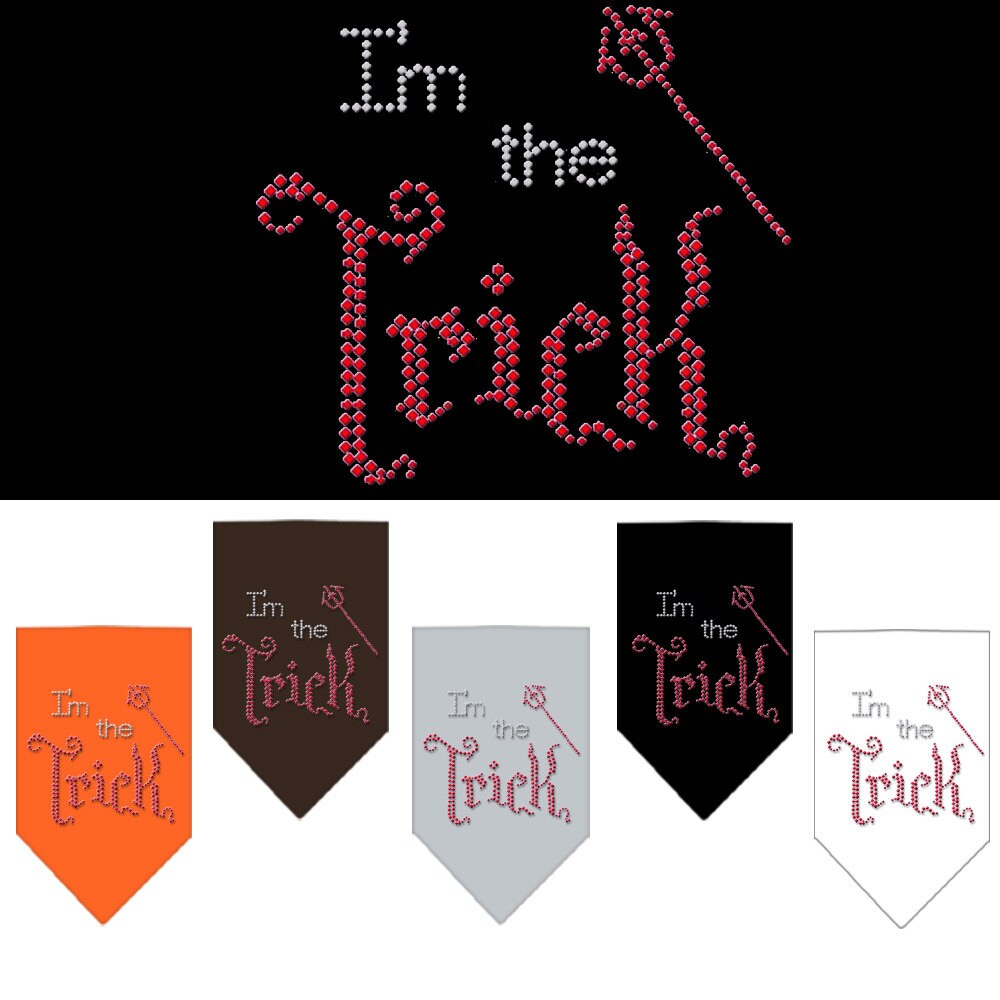 Halloween pet bandana with rhinestones, featuring the phrase 'I'm the Trick', designed for dogs in festive colors.