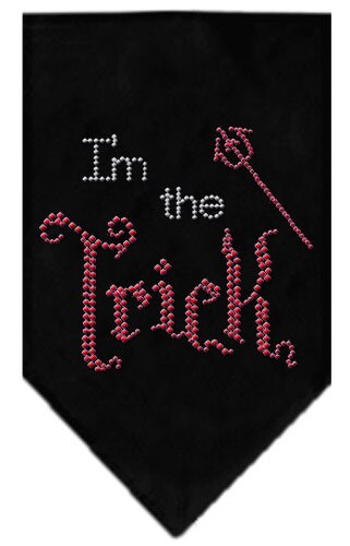 Halloween pet bandana with rhinestones, featuring the phrase 'I'm the Trick', designed for dogs in festive colors.