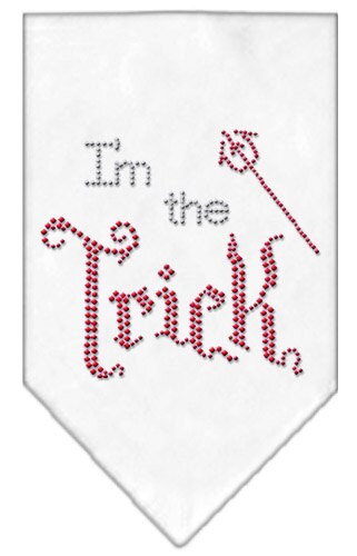 Halloween pet bandana with rhinestones, featuring the phrase 'I'm the Trick', designed for dogs in festive colors.