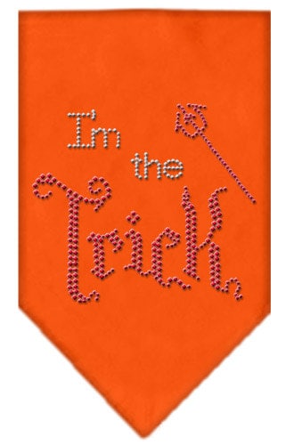 Halloween pet bandana with rhinestones, featuring the phrase 'I'm the Trick', designed for dogs in festive colors.