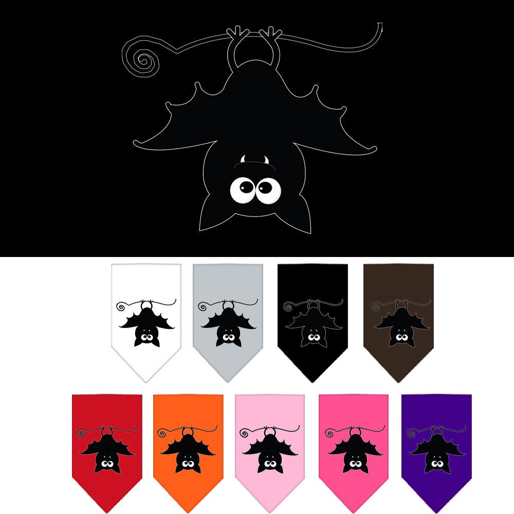 Halloween pet bandana featuring 'Batsy The Bat' design, suitable for dogs of all sizes, showcasing a vibrant and playful print.