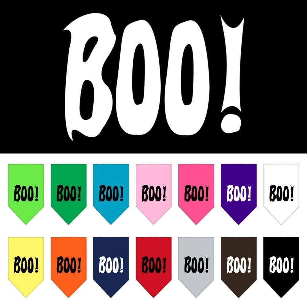 A Halloween-themed pet bandana featuring a screen printed 'Boo' design, made of 100% cotton, available in small and large sizes.