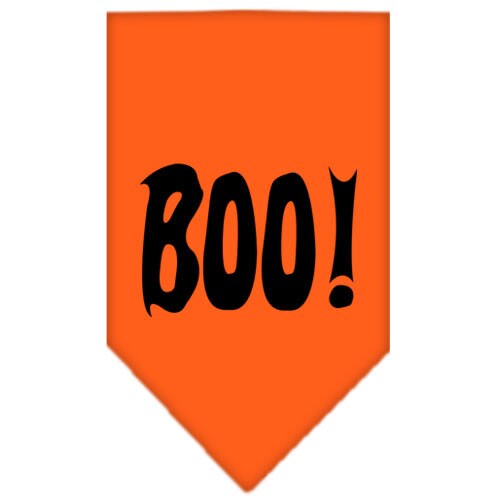 A Halloween-themed pet bandana featuring a screen printed 'Boo' design, made of 100% cotton, available in small and large sizes.