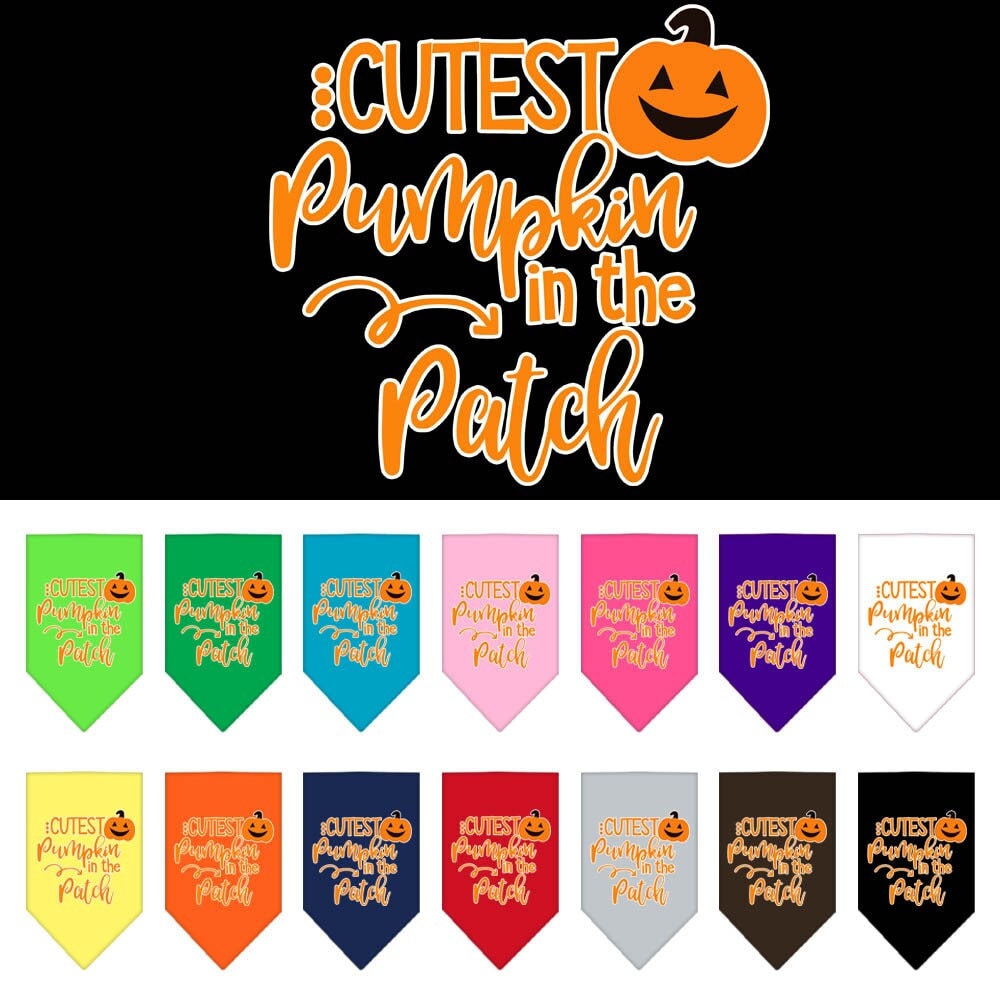 Halloween pet bandana featuring 'Cutest Pumpkin In The Patch' design, made of 100% cotton, available in small and large sizes.