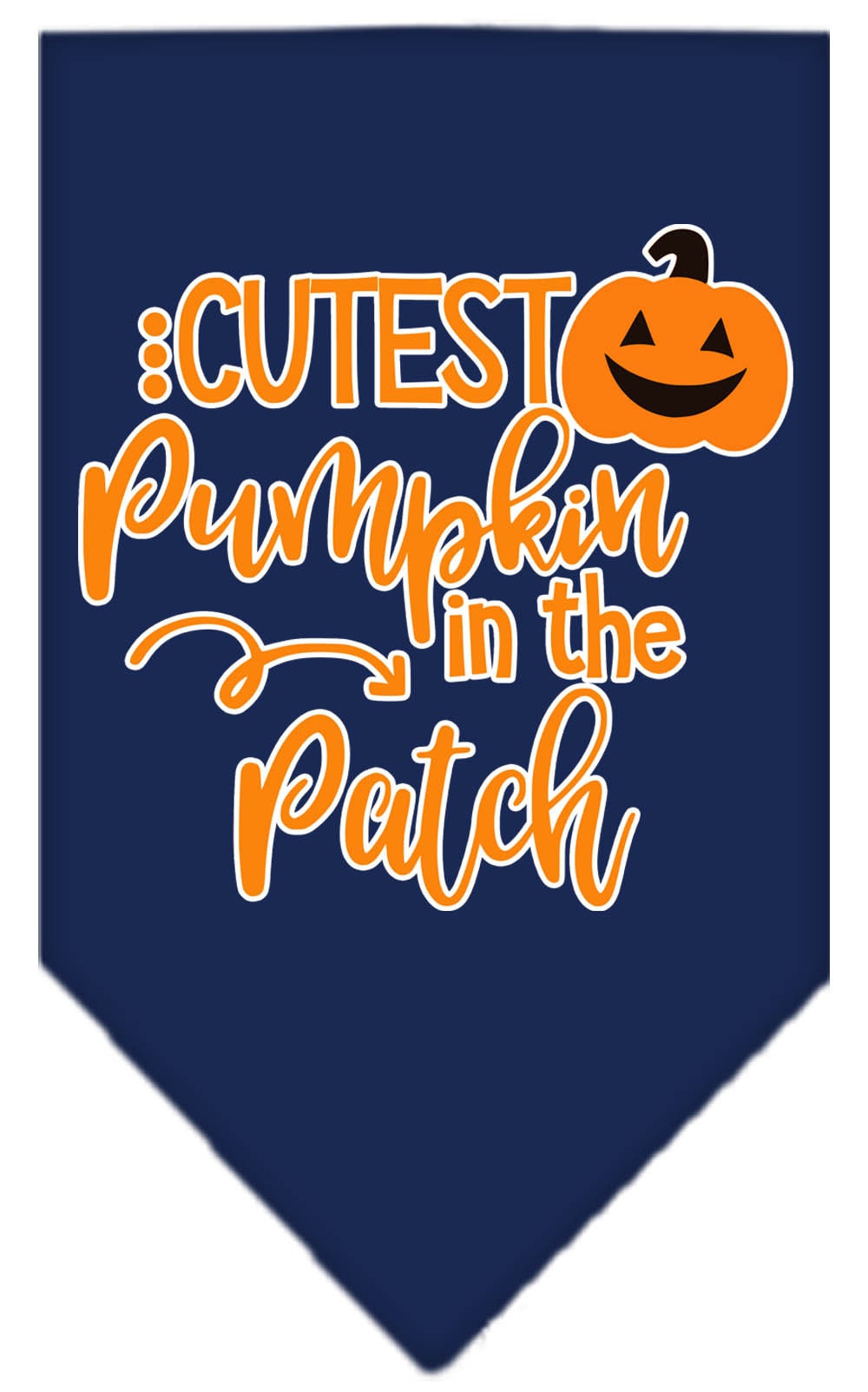 Halloween pet bandana featuring 'Cutest Pumpkin In The Patch' design, made of 100% cotton, available in small and large sizes.