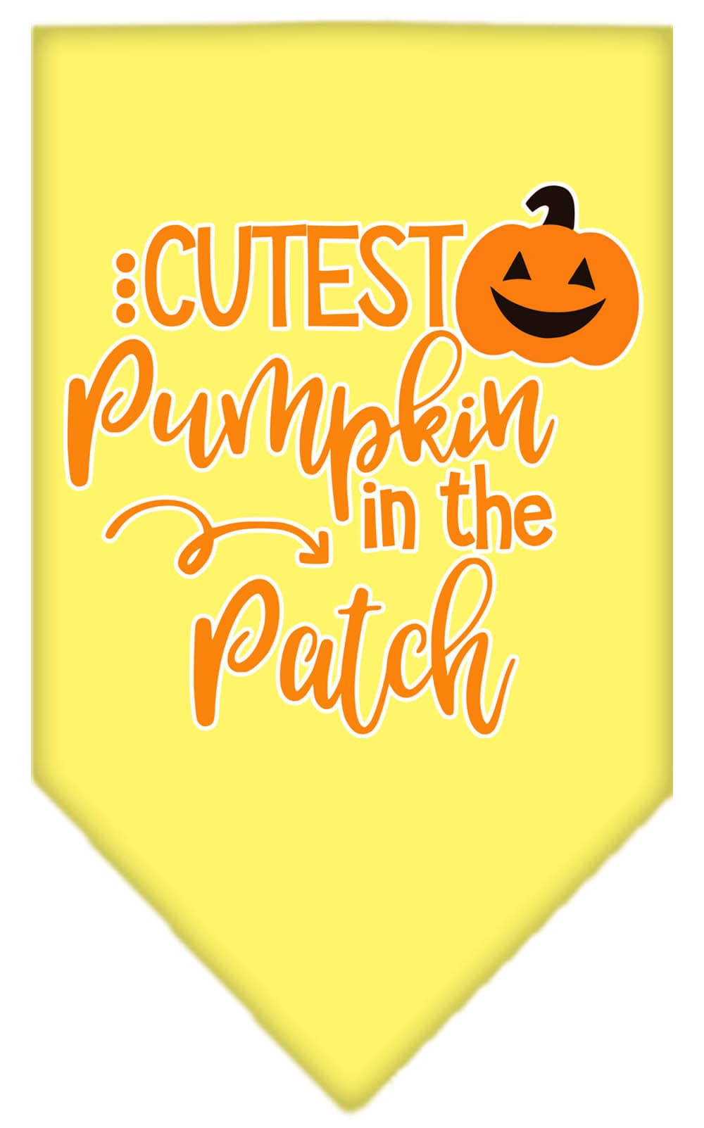 Halloween pet bandana featuring 'Cutest Pumpkin In The Patch' design, made of 100% cotton, available in small and large sizes.
