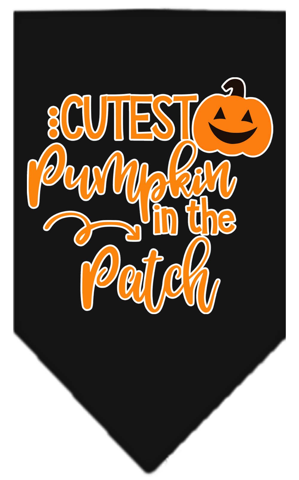 Halloween pet bandana featuring 'Cutest Pumpkin In The Patch' design, made of 100% cotton, available in small and large sizes.