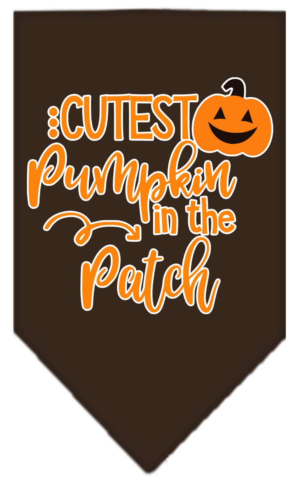 Halloween pet bandana featuring 'Cutest Pumpkin In The Patch' design, made of 100% cotton, available in small and large sizes.